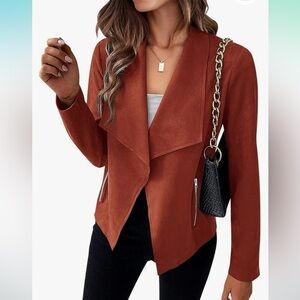 Faux Suede Jacket Open Front Bomber Cropped Coat  Large